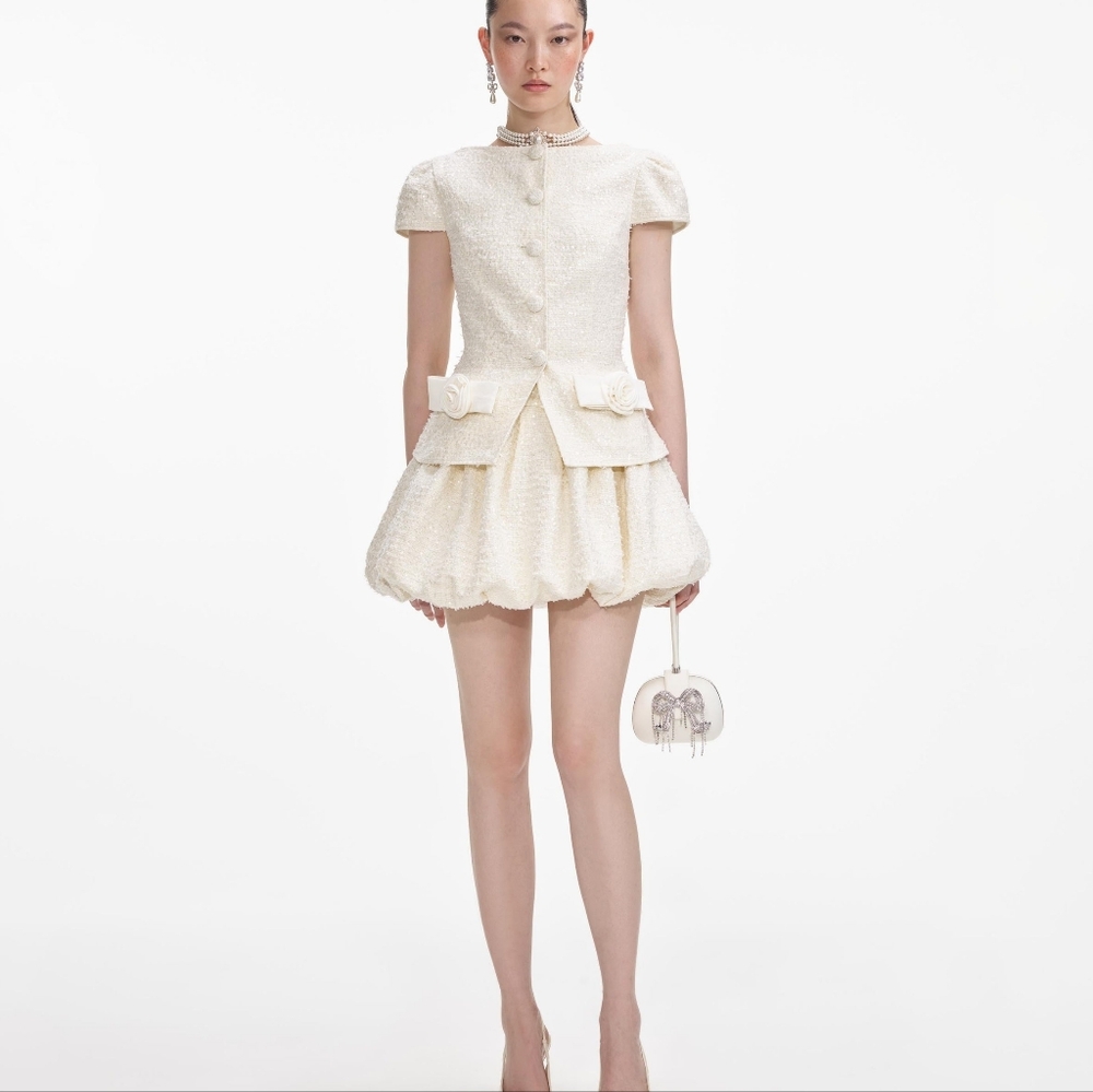 Self-portrait Cream Boucle Bow Detail Mini Dress